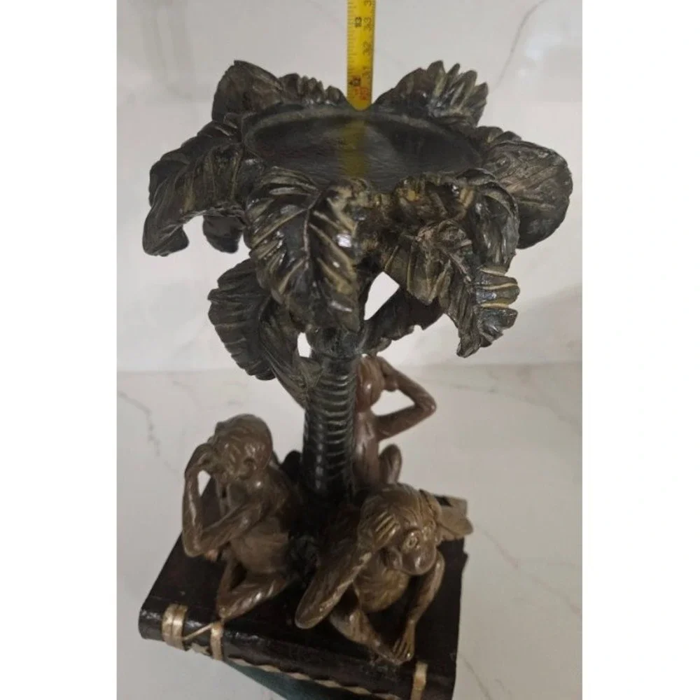 Vintage Style Three Wise Monkeys Palm Tree Resin Candle Holder